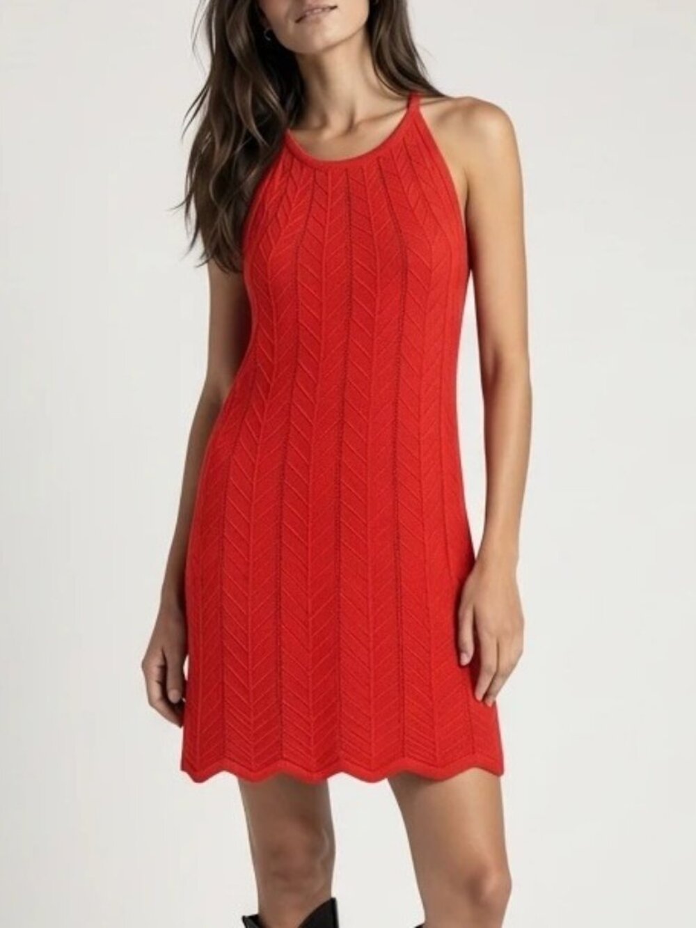 Joie Red Chevron Pointelle Knit Halter Mini Dress Scalloped Hem Sleeveless